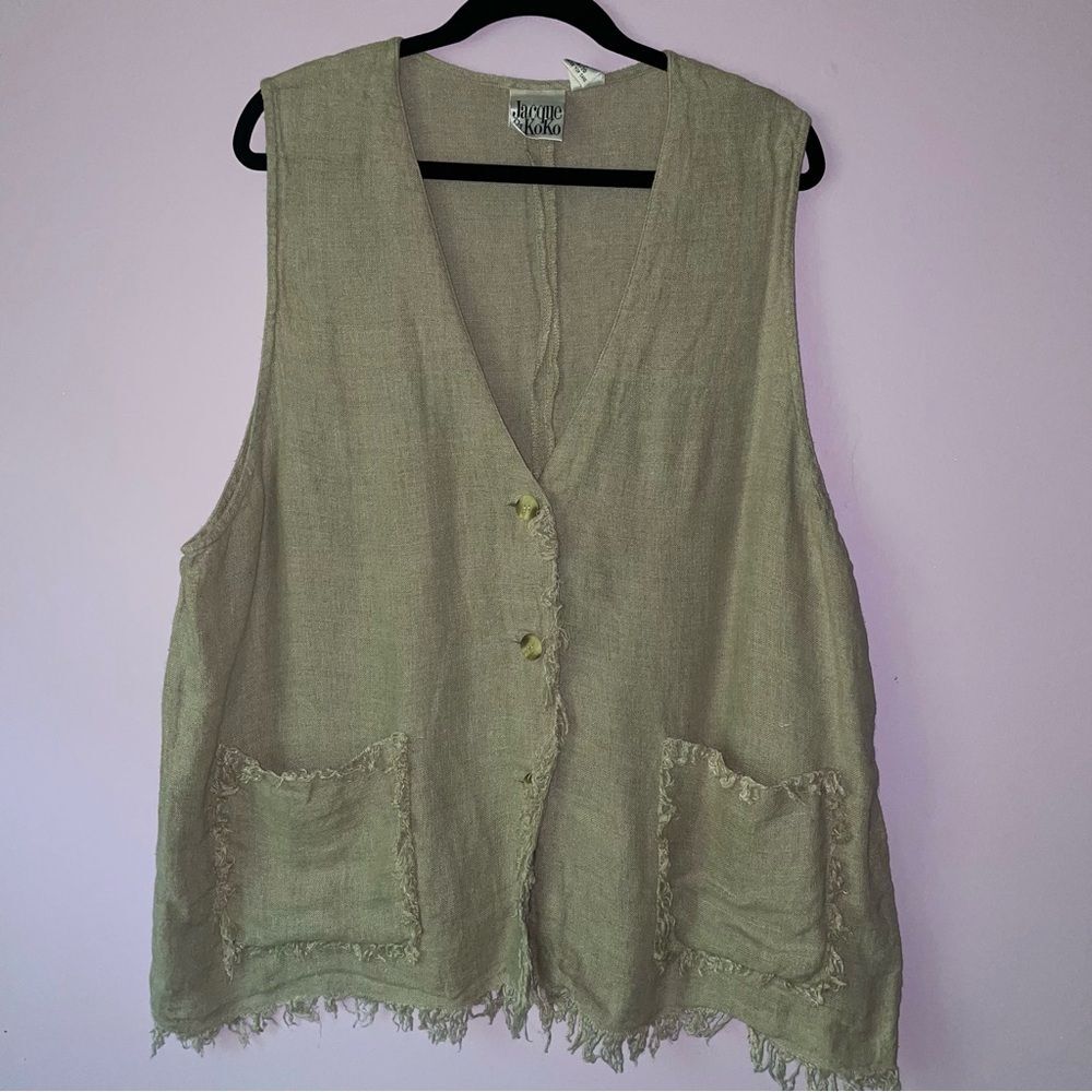 Vintage Jacque & Koko Size 18/20 Lagenlook Vest Tan Linen Button Up Fringe